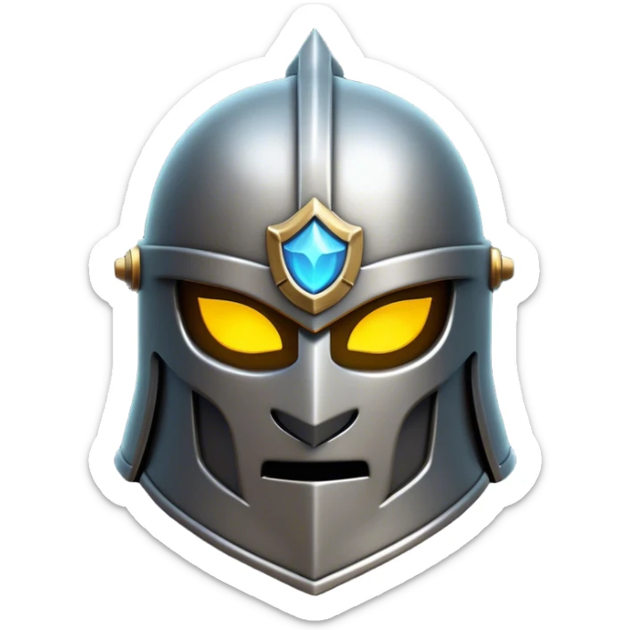 Clash of Clans aesthetic: Cinematic Playful 3D Isometric steel helm Emoji, rendered in a 3D vector-style similar to standard emojis with minimal shading and bold, simplified shapes. A compact, distinct form with signature details, softly glowing with a fantasy RPG magic charm. Simplified yet unmistakably iconic, highly detailed and consistent, glowing with a soft radiance and high shine. Stylized with a touch of heroic grandeur and a soft glowing outline, capturing the essence of a beloved gaming relic with a friendly, playful manner! sticker