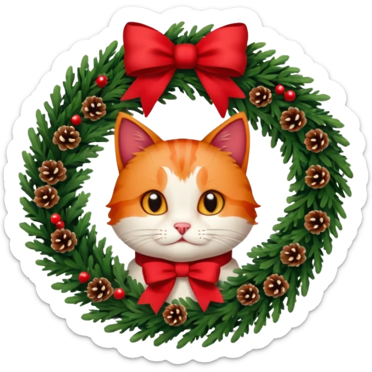 A Christmas wreath made entirely of fir trees, decorated with a red bow at the bottom, pine cones and Christmas tree balls, and a cat poking its face through the hole in the center. sticker