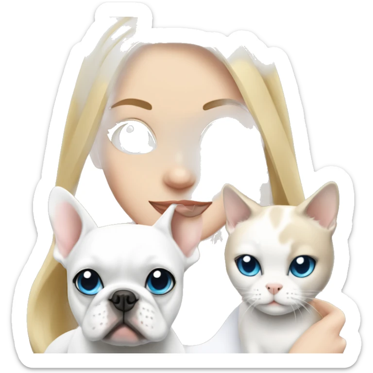 Blonde girl with blue eyes holds White French bulldog and a white cat sitting together sticker