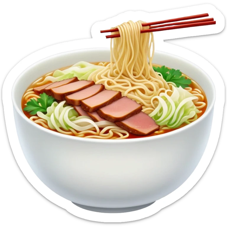 Bowl noodles with a mix of cured duck, Peking cabbage and chili sticker