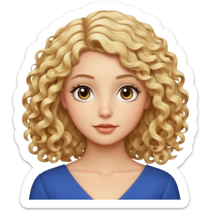 Mujer rubia, pelo rizado hasta los hombros, Raya del pelo al lado, Ojos almendrados sticker