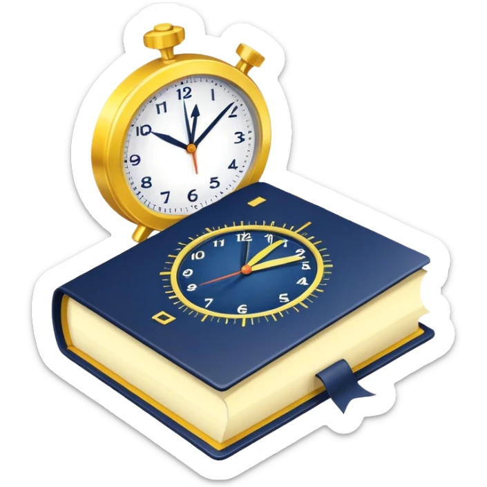 A yellow productivity book with navy blue and gold details, running clock and chart with upward trend aura, radiating productivity, strategy, and success in motion with time and happiness yellow... power in time sticker