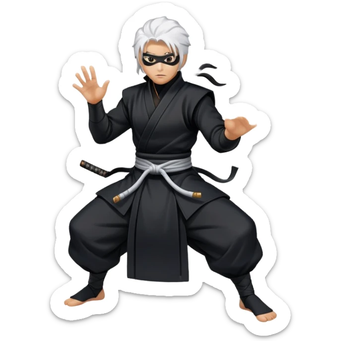 Gabimaru the Hollow, action stance, swirling smoke, white hair, black ninja attire, focused eyes sticker
