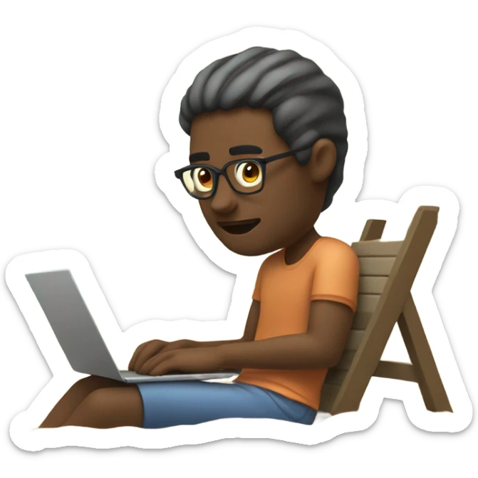 man sitting near bank of a beach and coding in a cool way emoji. sticker