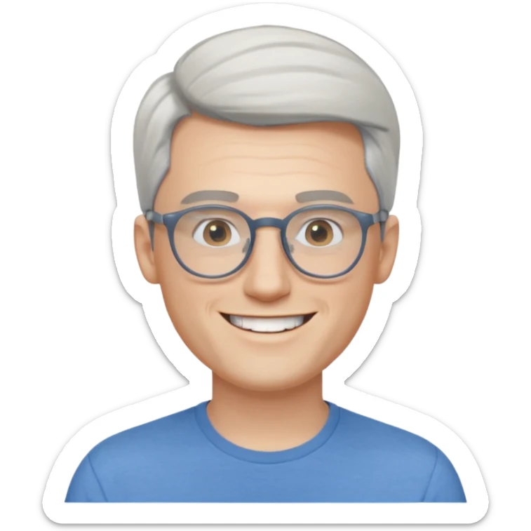 30 yr old pale white man, white/grey side swept stylish hair, round glasses, big smile, white teeth, handsome, longer hair, thin glasses, blue  shirt sticker