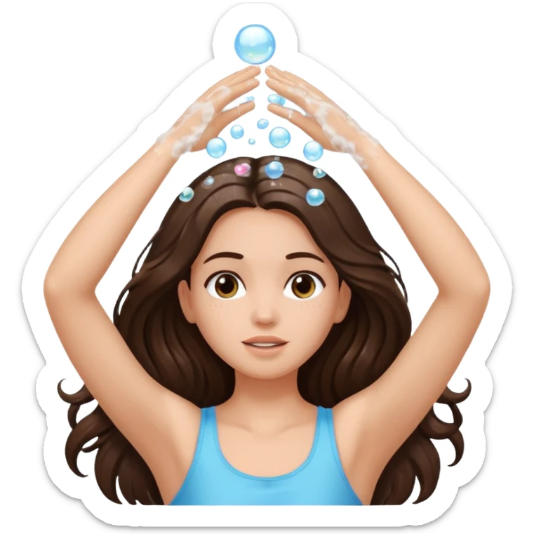 brunette girl long hair up arms up hands on head washing hair soapy bubbles sticker