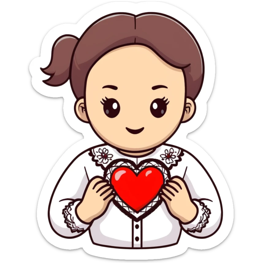 Beautiful young girl in a white Ukrainian embroidered shirt holds a large embroidered heart in her hands sticker