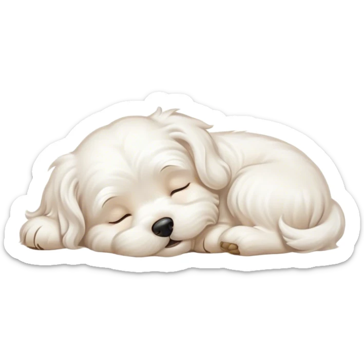 Cinematic Meme-Worthy Chubby Sleeping Wavy-Haired Maltese dog Portrait Emoji, Head resting peacefully with a contented smile, featuring a delightfully chubby build and a luxuriously soft, wavy-haired white coat, eyes shut in a serene nap, Simplified yet hilariously adorable features, highly detailed, glowing with a soft, drowsy light, high shine, relaxed and utterly lovable, stylized with an air of playful laziness, bright and endearing, soft glowing outline, capturing the essence of a comically sleepy companion, so meme-worthy it feels like it could instantly become the next viral sensation of adorable slumber! sticker