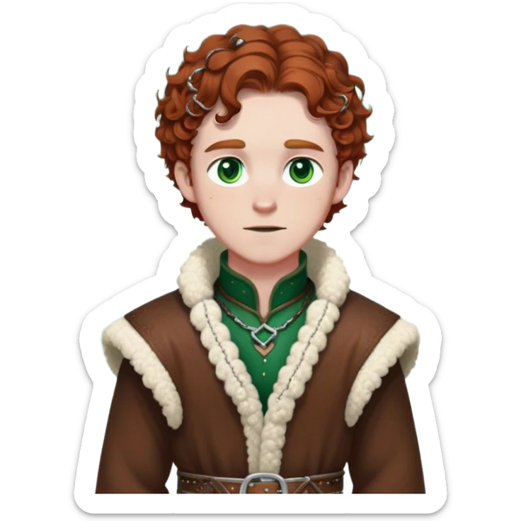 Medieval winter outfit worn by a DnD themed fantasy male character. Rich brown leather-trimmed wool tunic with sheepskin lining, featuring intricate metal buckles at the collar, paired with a heavy braided belt. Clothes only above the waist, full waist coverage. The character has no arms. Character is white-skinned with auburn hair, emerald green eyes, and short curly hair beneath a light dusting of snow. sticker