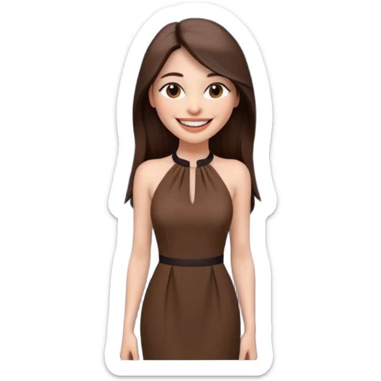 emoji-style illustration of a stylish pretty big smile woman with long straight brown hair, wearing a dark halter neck dress, elegant and minimalistic look, front-facing, soft 3D cartoon rendering, plain background sticker