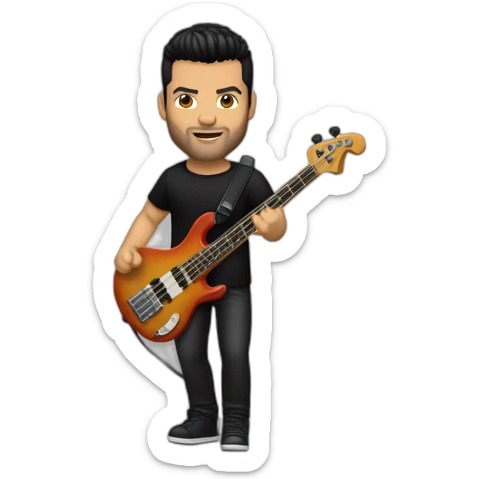 Ricky Martin, very strong, short black hair, wearing a black shirt, playing electric bass sticker