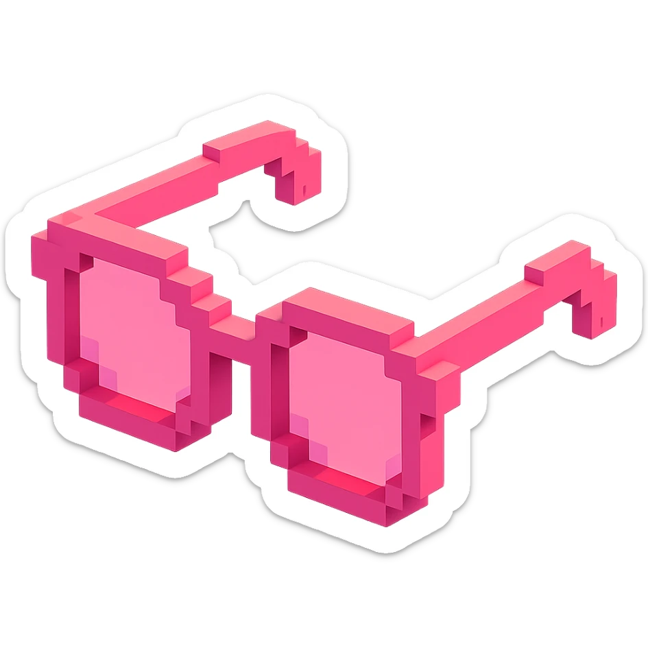 Voxel-style pink glasses with pink lenses, no background, following the silhouette from the reference image, with a different design. sticker