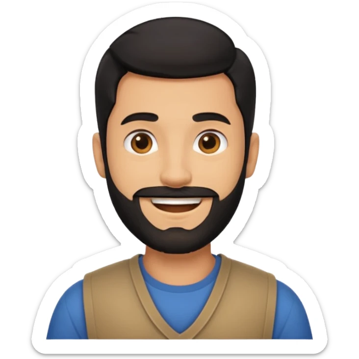 Man with light brown skin black hair and beard smiling from the chest up sticker