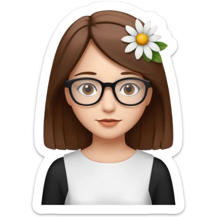 Hawaii female with fair skin. Shoulder length straight brown hair. Brown eyes with glasses. Flower in hair sticker