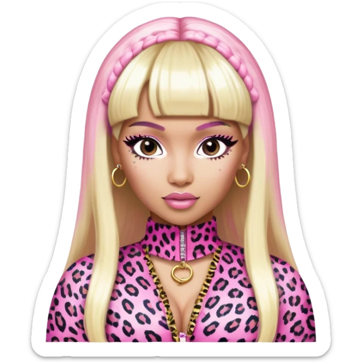 nicki minaj in super bass music video (pink and white leopard print outfit, half pink half blonde hair with bangs) sticker