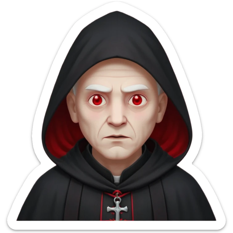 cursed village priest portrait, head and shoulders only, dark hooded robe, mysterious expression, subtle red accents, eerie glow, gothic village atmosphere, 3D cartoon, mobile game icon style, clean background, no text, no watermark

 sticker