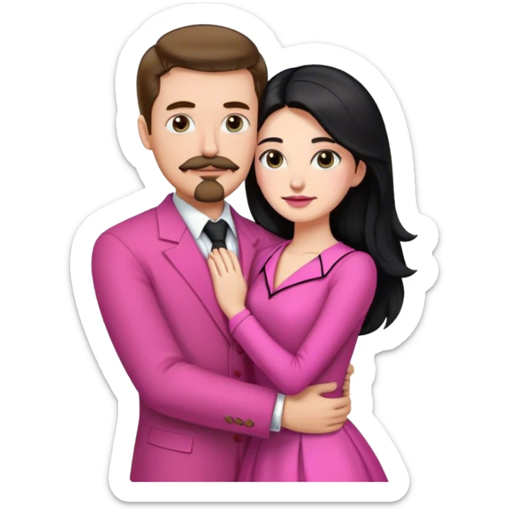 tall white man with brown hair goatee mustache hugging a pale woman with long black hair, wearing pink formal clothing sticker