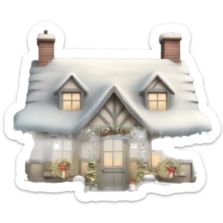 Shabby chic style English Christmas cottage one story with snow sticker