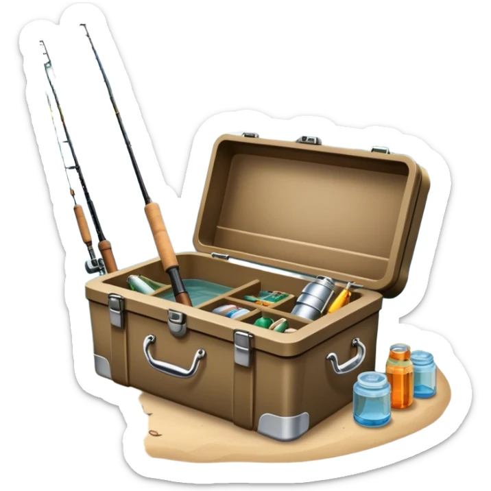 Icon for Fishing: a boat on the shore of a peaceful water body with a beautiful natural landscape, a fishing tackle box, a spinning rod. The icon should capture the tranquility and gear of a fishing adventure. Without frame. Transparent background. sticker