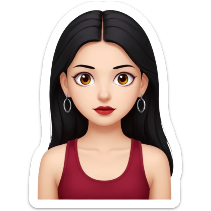 a pretty bratz fair girl with long black hair, kajal under eyes, small silver hoop. Dark cherry red tank top on.  sticker