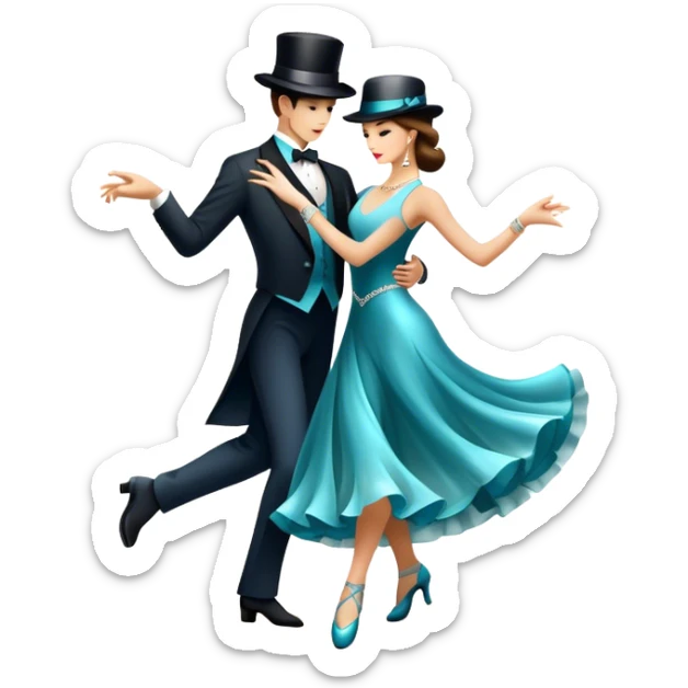 Icon for Ballroom Dancing: a pair of elegant dance shoes, a flowing dress, a top hat, and a dance floor spotlight. The icon should represent the elegance and atmosphere of ballroom dance, focusing on the iconic dance elements. Transparent background. sticker