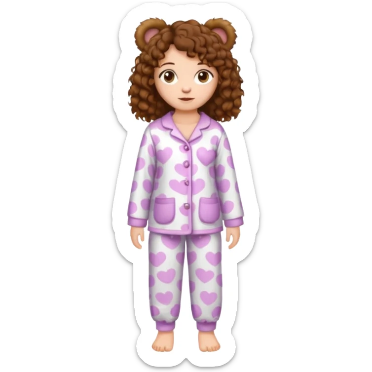 Grown up Woman with brown eyes, brown curly hair, white skin, full body in cute pijama bear sticker