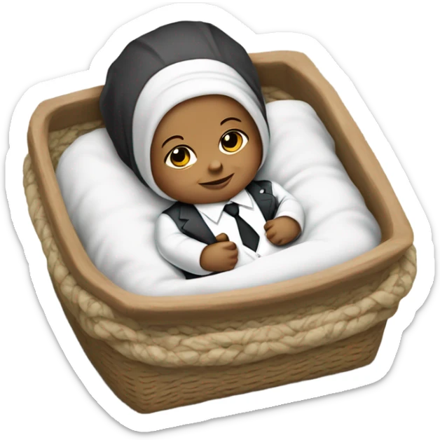white newborn baby in a business suit lies in a cradle sticker