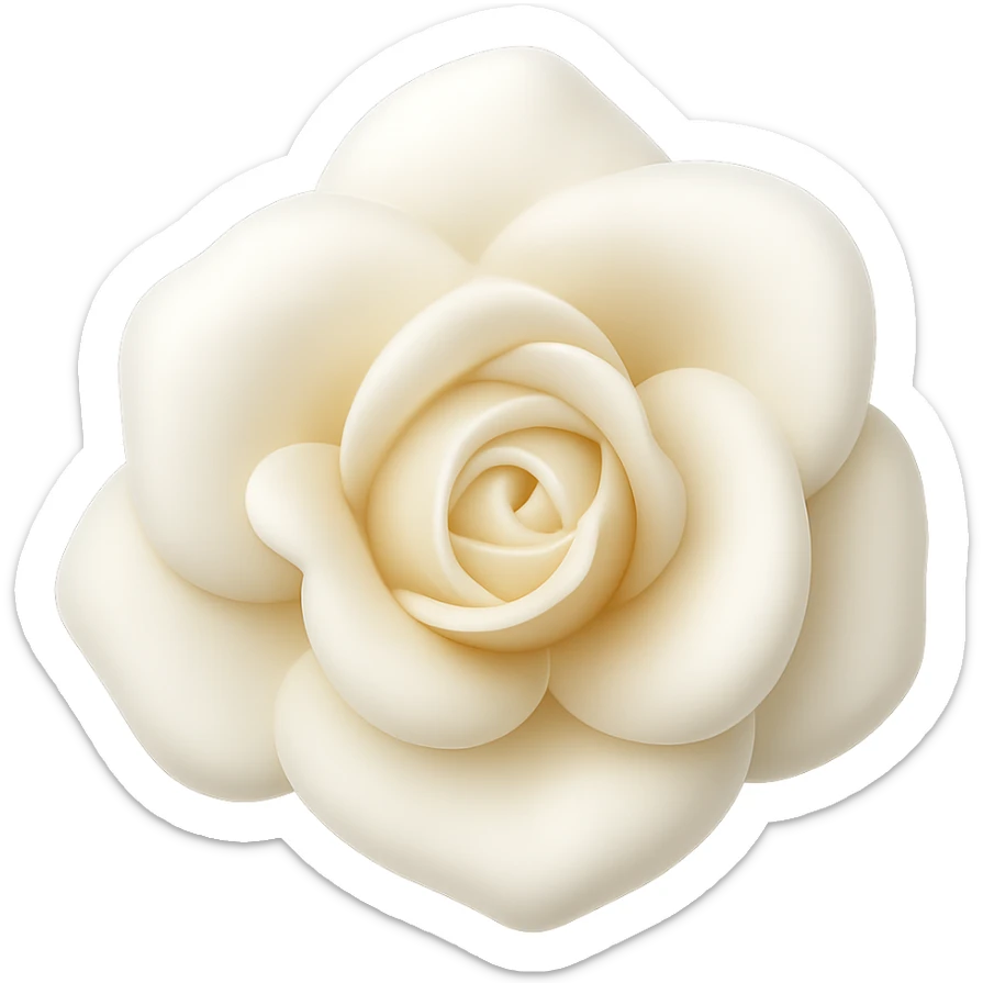 Create a 3D illustration of a white rose in the style of iOS Apple emoji, featuring volumetric petals, on a transparent square background. The style should mimic the look and feel of Apple emojis with detailed shading and smooth gradients. sticker