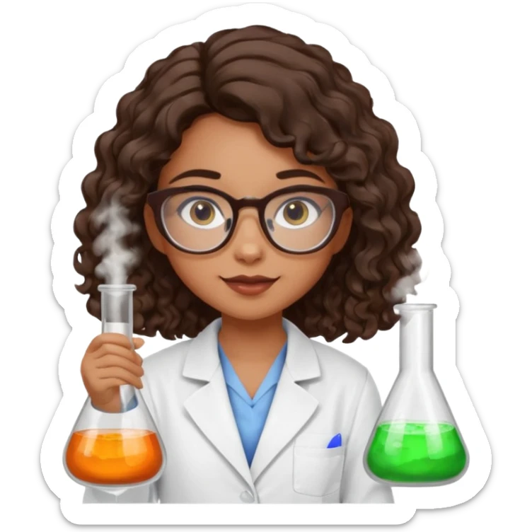 realistic bratz doll with long loose curly dark brown hair, glasses that are round cat eye vibes, in a lab coat mixing beakers that glow shes a 4th grade girl sticker