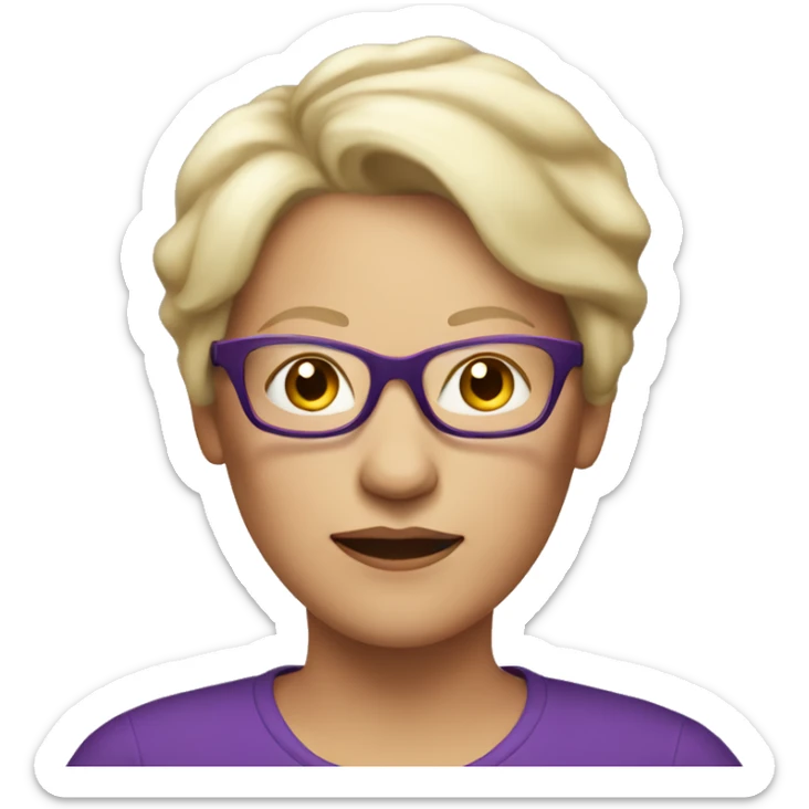 short blonde older female with short hair wearing a purple top and glasses sticker