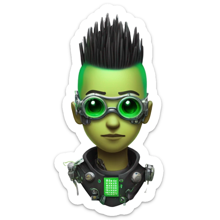 Mohawk hair with neon green highlights Asian male cyborg head with neon silver steampunk goggles and circuits sticker