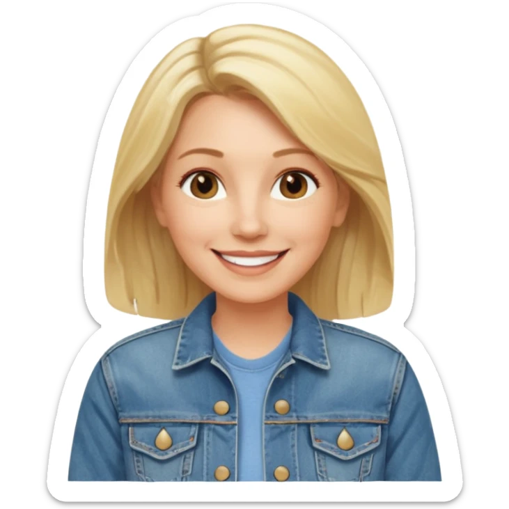 woman in her 50s, medium-length blonde hair, wearing a denim jacket, smiling sticker