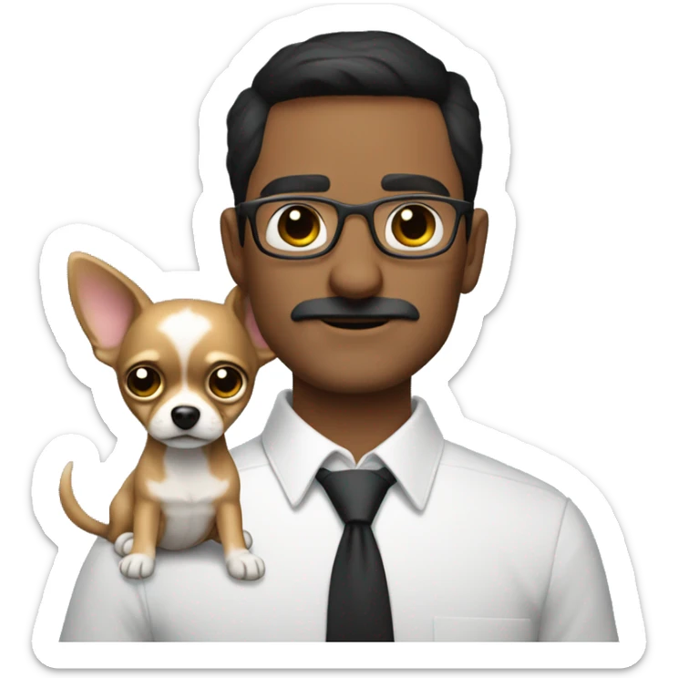 dark hair dark eye man with short mustache wearing glasses holding chihuahua sticker