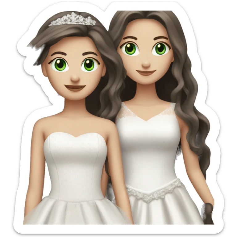 2 dark brown straight long hair white girls, one with green eyes and one with blue eyes. both in wedding dressed sticker