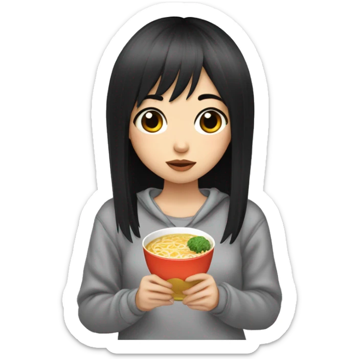A girl with emo bangs, black hair and big black eyes with a sour face wearing a gray pajama sweater and holding a ramen in her hand. sticker