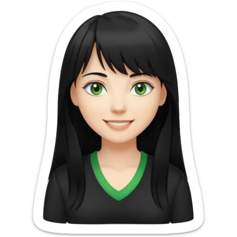 A white woman with Long straight hair with bangs, black hair, green eyes and a black low-cut shirt smiling sticker