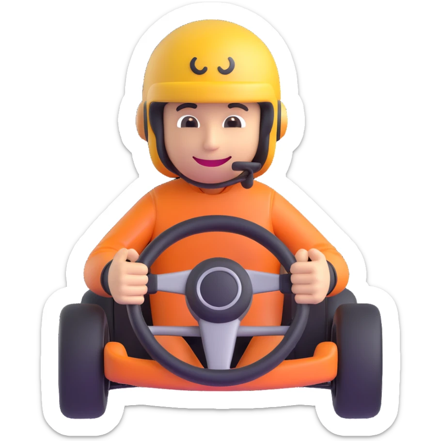 3D smiley emoji, round shape, wearing go-kart helmet, holding steering wheel, sporty face, transparent background (go-kart racing) sticker