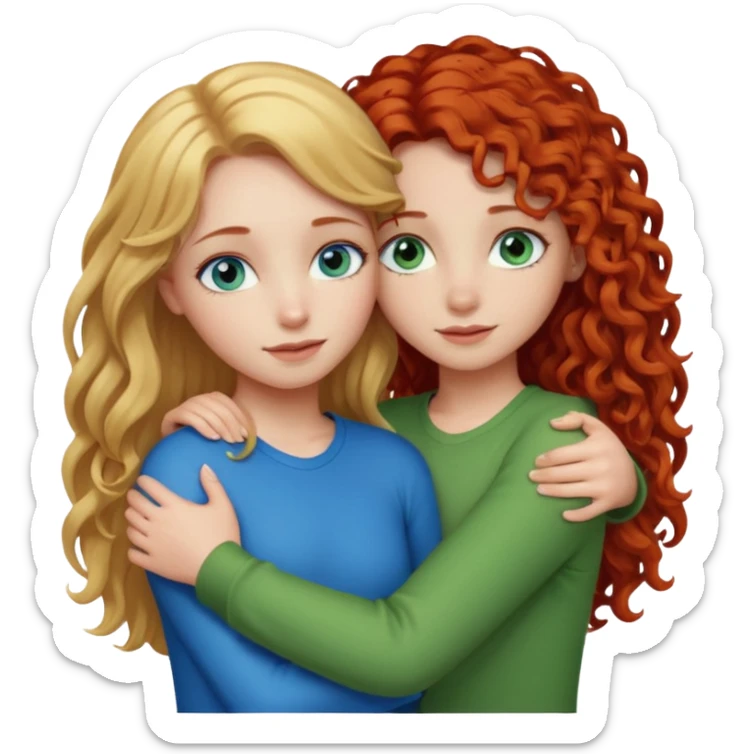 A girl with straight long blonde hair and blue eyes hugging a girl with red curly hair and green blue eyes sticker