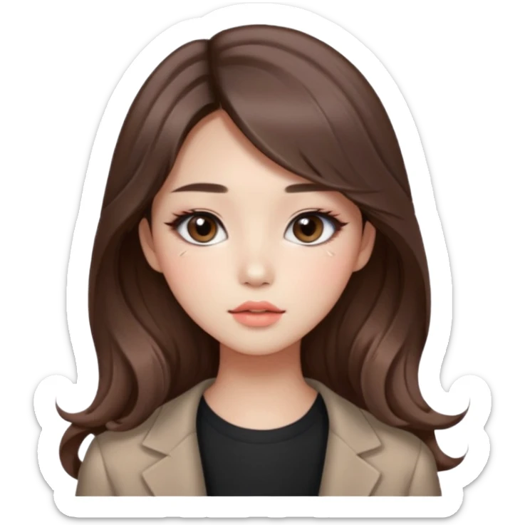 “korean straight brown hair Emoji girl, soft eyeliner and blush, gradient lips, light brown shimmer eyeshadow, long wavy hair,  sticker