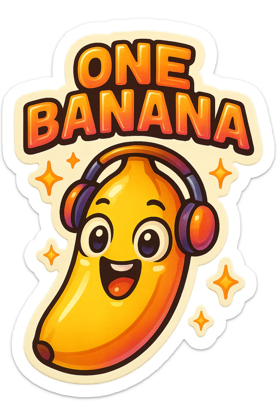 Funny cartoon banana, big happy smiling face, wearing tiny headphones, wide excited eyes, tiny sparkles around, text above: "NE BANANA", chibi style, Twitch emoji style, colorful, transparent background sticker