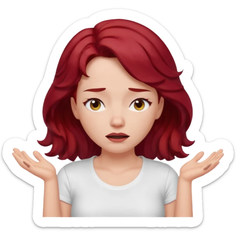 woman shrugging, eyes closed, white t-shirt, dark red hair sticker
