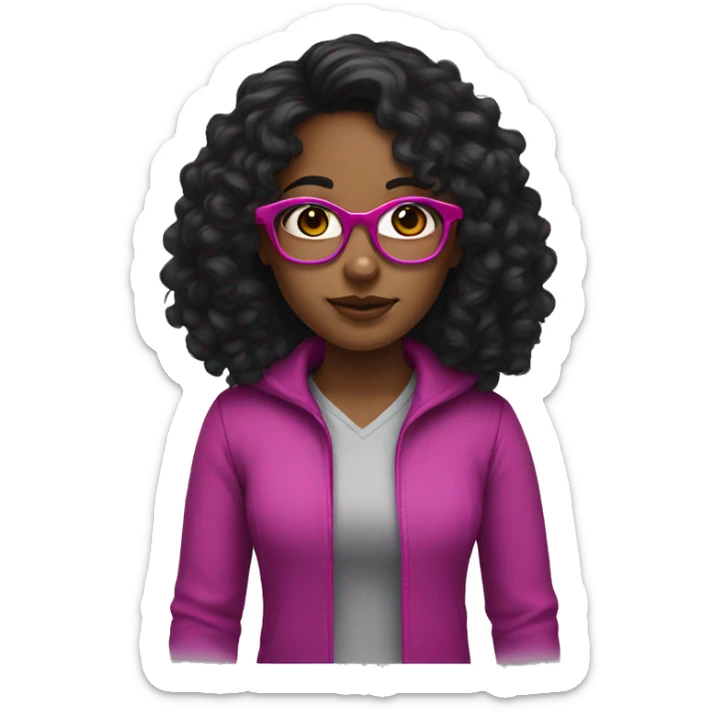 Girl with long curly black hair and brown skin and dark brown eyes and fuchsia glasses  sticker