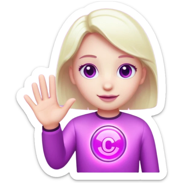 Friendly round AI mascot with a neon C badge, floating hologram in hands, purple-magenta glow. sticker