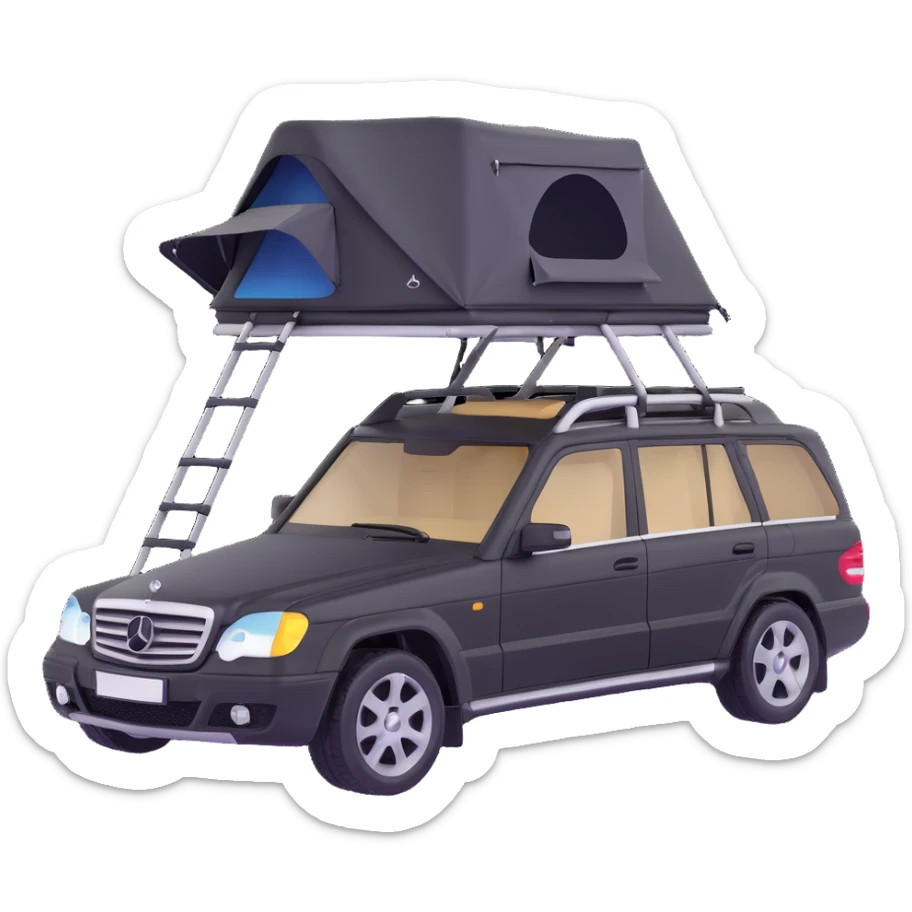 black Mercedes-Benz car with roof tent sticker