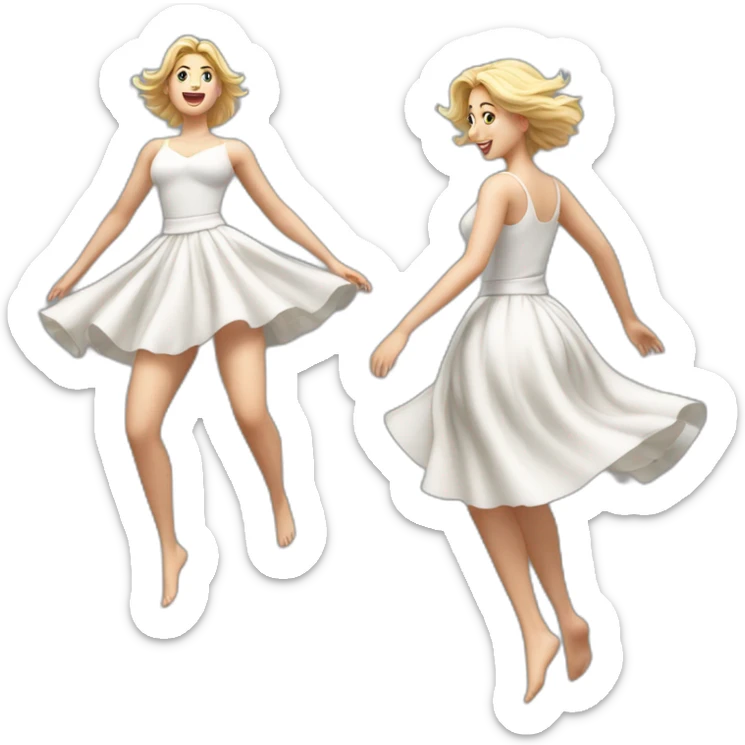 Hyperrealistic Full body Caucasian curvy beauty jumping white skirt back and front views strong wind sticker