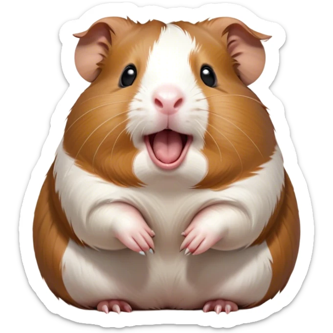 Cinematic Cute Yawning Brown and White Banded Guinea Pig Portrait Emoji, Head tilted slightly with a dramatic, wide-open yawn, revealing a soft, banded coat of brown and white with tiny, droopy ears, round dark eyes barely open in drowsy contentment, Simplified yet irresistibly adorable features, highly detailed, glowing with a soft, cozy glow, high shine, relaxed yet expressive, stylized with a touch of whimsy, bright and endearing, soft glowing outline, capturing the essence of a sleepy yet affectionate guinea pig, so drowsy it feels like it could stretch out of the screen and curl up for a nap! sticker
