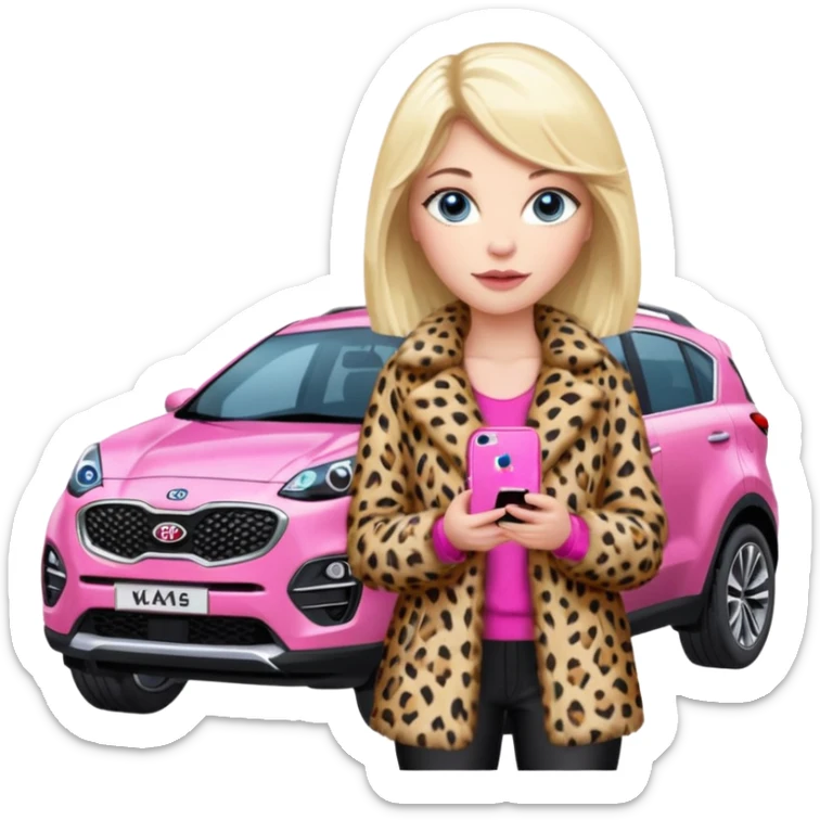 a blondie queen Arina in a leopard fur and pink iPhone 16 on her kia Sportage white car. blue eyes sticker