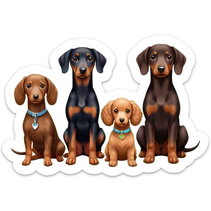 Close-up of a Doberman Pinscher, a Dachshund and a Poodle sitting together on lush green grass. The background features a beautiful, serene nature view with rolling hills and bright blue skies. The dogs' sleek coats shine under the sun. Transparent background. sticker
