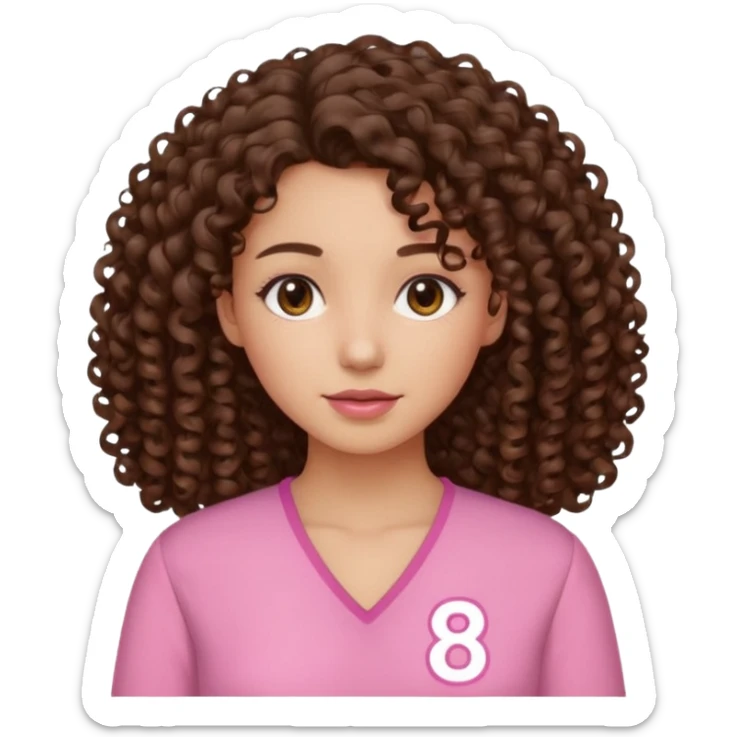 Curly hair Median, Brunette, wearing a pink blouse with *87* written on it. sticker