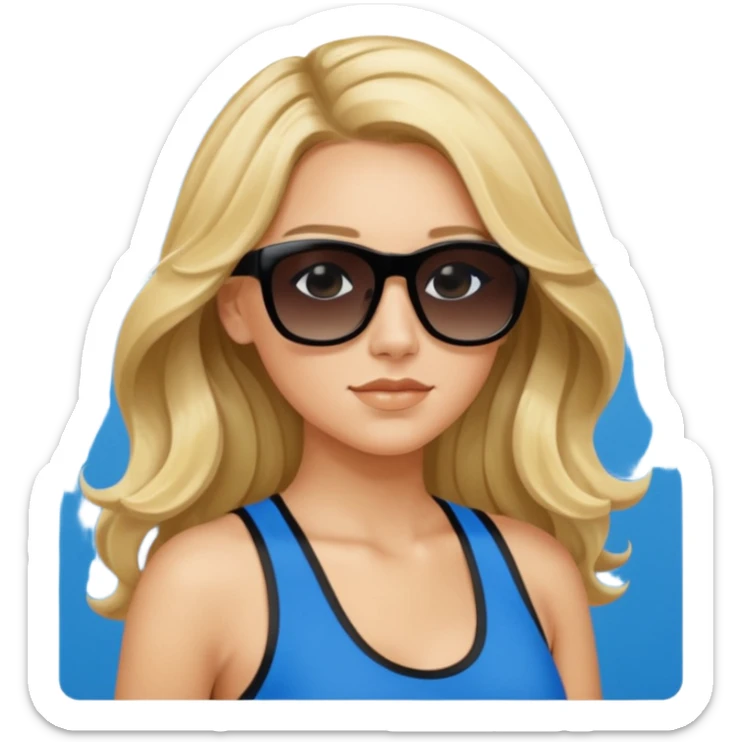 an olive tan woman with long, wavy blonde hair in a blue tank top wearing black Prada sunglasses sticker
